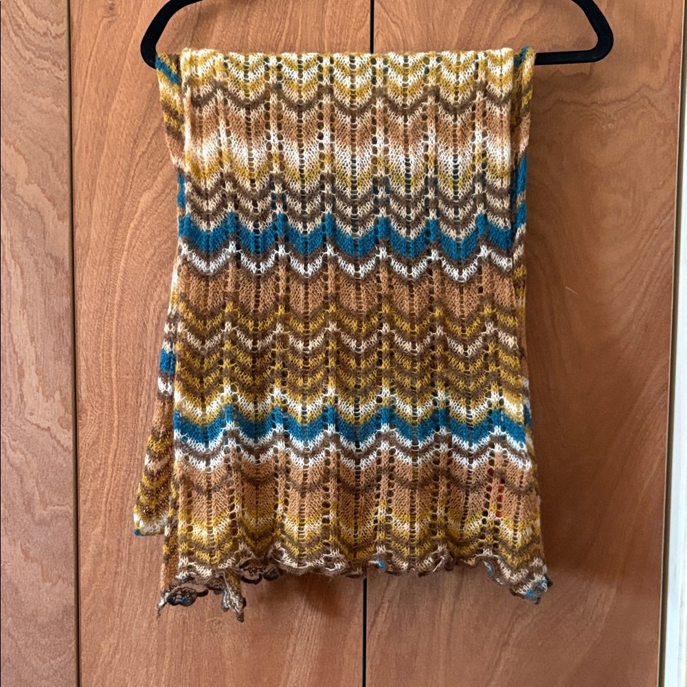 Missoni Textured Open Knit Scarf with Earthy Tones Ruffle Edge